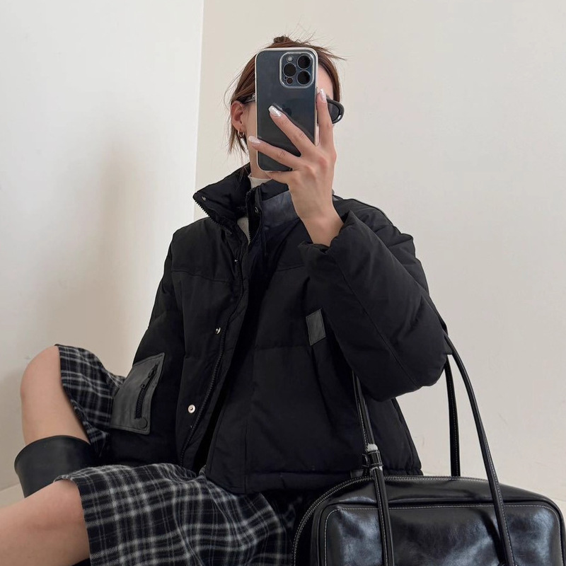 PU皮拼短款轻薄羽绒服女2025新款立领韩版时尚保暖90白鸭绒外套潮|undefined