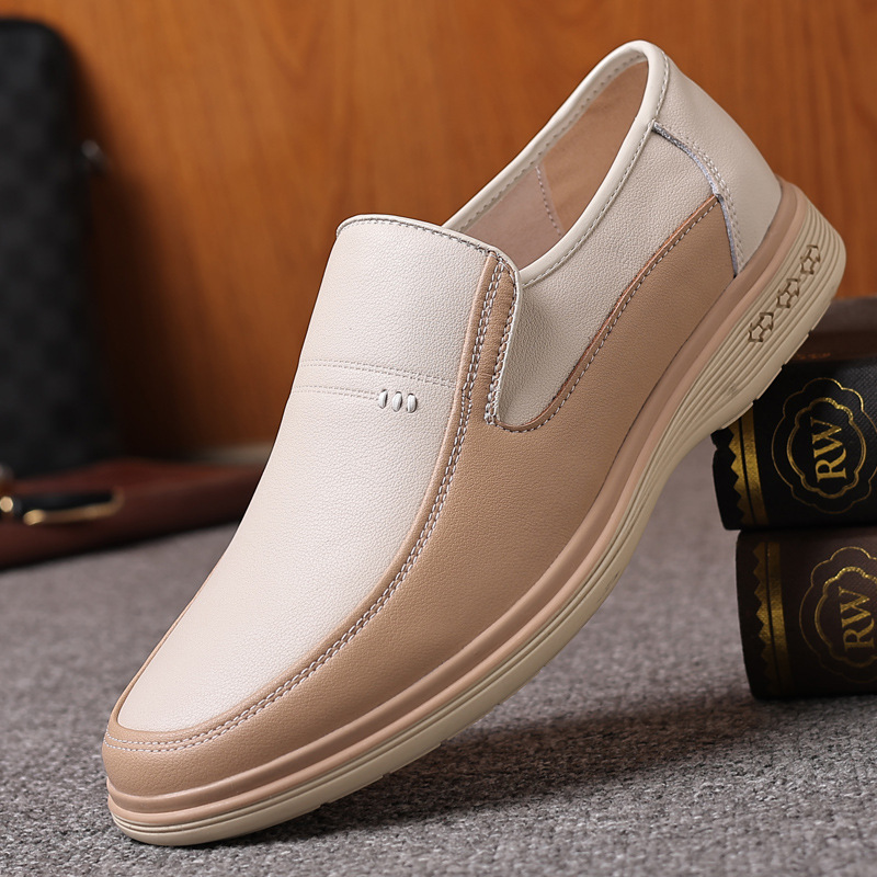 New men's summer genuine leather creamy-white casual shoes breathable hollow soft bottom middle-aged dad work casual leather shoes