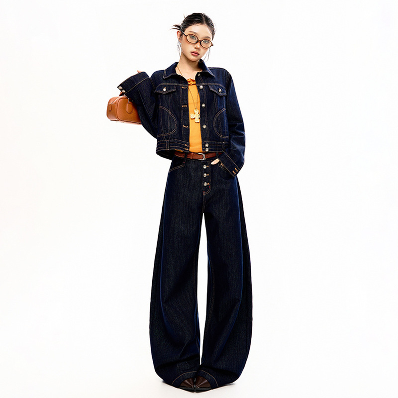 【Jinyin】American Retro Denim Scimitar Pants with Button Design, New Versatile Slimming Denim Jacket Set