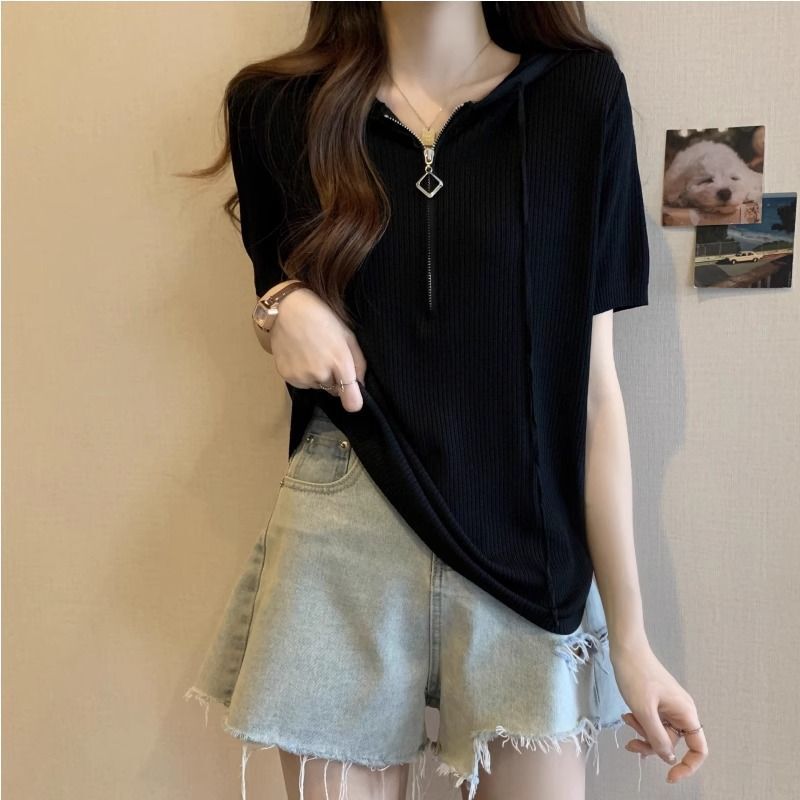 2026 New Style Hooded Short-Sleeve T-Shirt for Women, Stylish Summer Top, Plus Size, Flattering for Curvy Figures, Tummy-Concealing Shirt 2026 New Style Hooded Short-Sleeve T-Shirt for Women, Stylish Summer Top, Plus Size, Flattering for Curvy Figures, Tummy-Concealing Shirt
