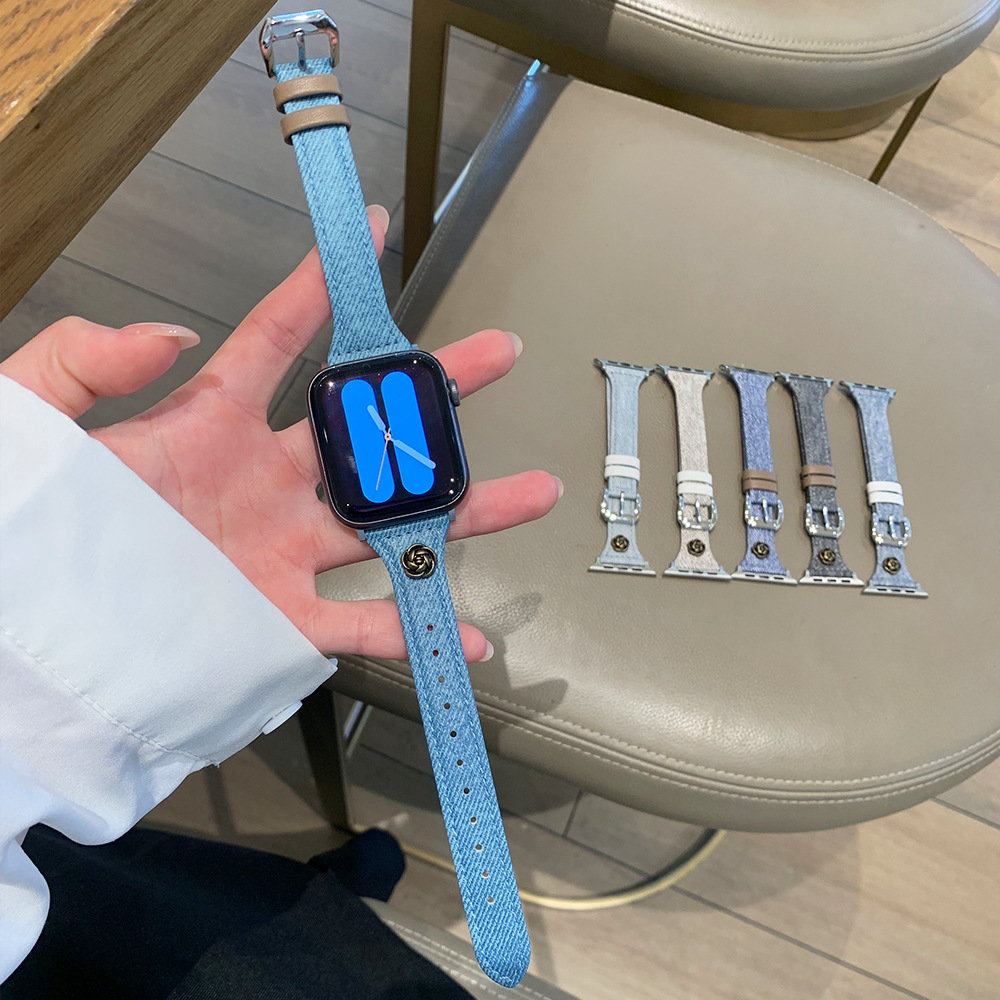 新款山茶花牛仔表带适用于苹果apple watchS10手表iwatch9876SE女