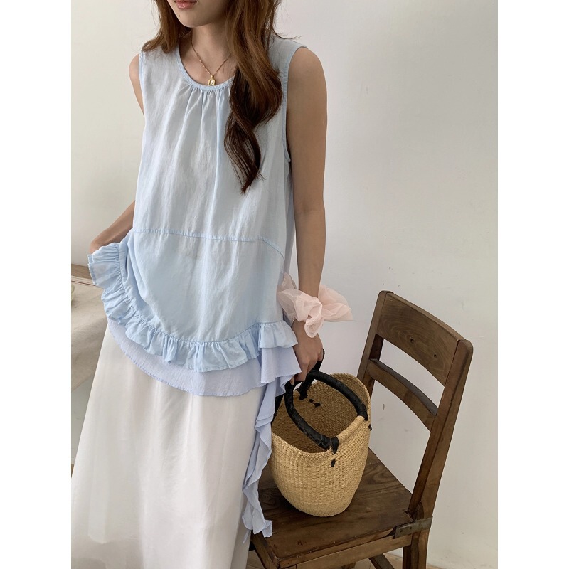 3Th Morning Island Sea Breeze Tencel Linen Ruffle Ribbon Round Neck Sleeveless Shirt Zy4239