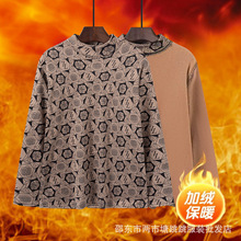 冬季半高领星空绒T新款中老年妈妈装冬季长袖T恤加绒印花保暖上衣