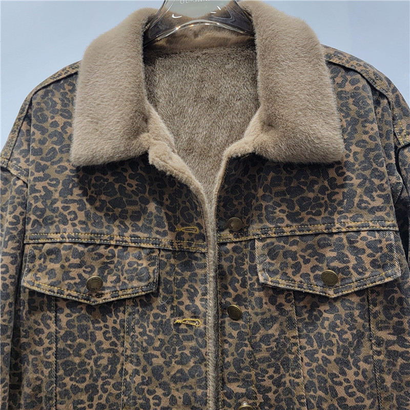 Women's Clothing Mink Leopard Print Thickened Denim Short Jacket Winter Slim Warm Tops_voghion.com