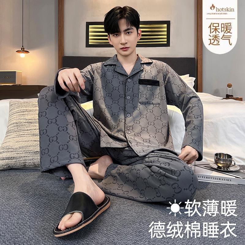 Autumn and Winter Men's Thermal Pajamas Large Size Wearable Brushed Warm Long-Sleeve Long Pants Turn-Down Collar Cardigan Autumn Set Autumn and Winter Men's Thermal Pajamas Large Size Wearable Brushed Warm Long-Sleeve Long Pants Turn-Down Collar Cardigan Autumn Set