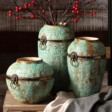景德镇现代简约手工粗陶罐坛子花瓶插花干花做旧仿古花盆三件套