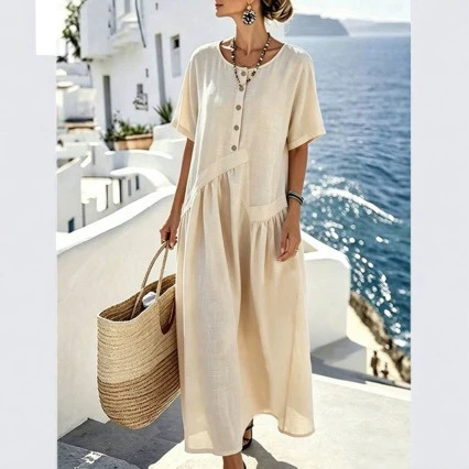 Independent Brand Cross-Border Short-Sleeve Dress for Women, New Summer Loose Cotton-Linen Solid Color Button Casual Dress for Women