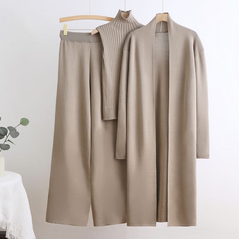 Autumn and Winter Goddess Style Long Windbreaker High Collar Inner Vest Sweater Elastic Waist Wide Leg Pants Knitted Three-Piece Suit