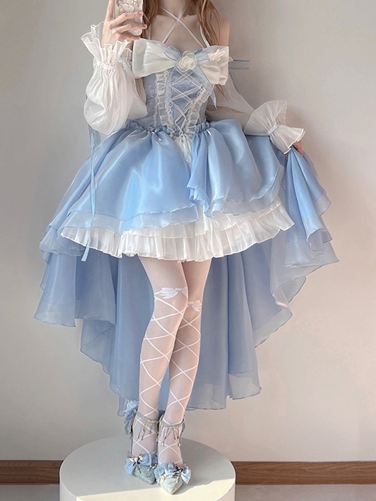 B7C蓝色lolita连衣裙洋装设计前短后长花嫁重工大蝴蝶结拖尾公主-阿里巴巴