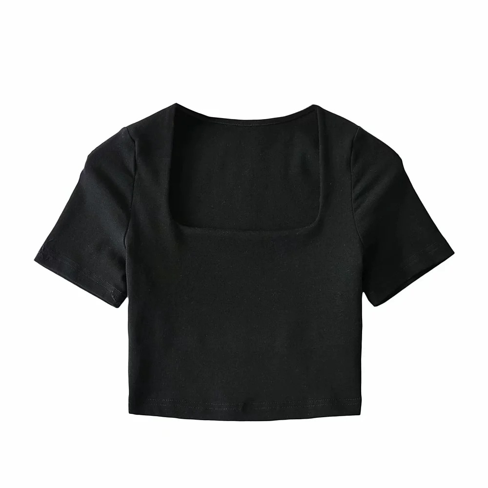 elastic square collar short sleeve T-shirt NSAC50846