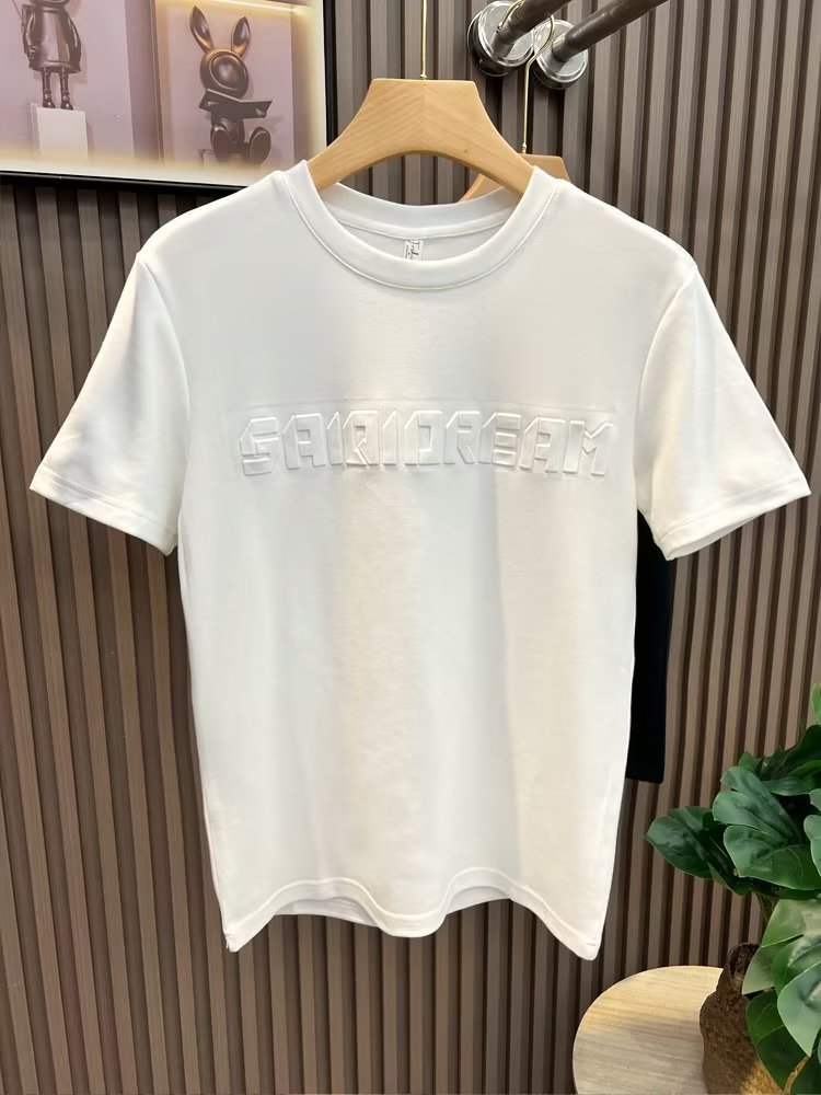 T-shirt jeune col rond, Instagram quotidien, marque tendance lettres et chiffres, texte d'été, manches 5/4, standard pour hommes_voghion.com