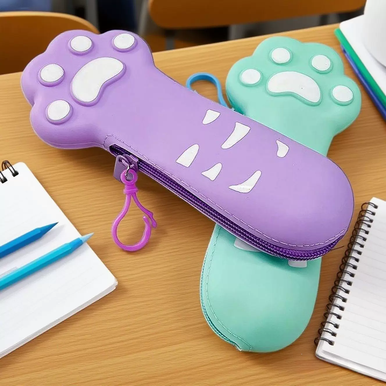 卡通可爱猫爪硅胶笔袋高颜值大容量铅笔文具盒小学生拉链文具袋