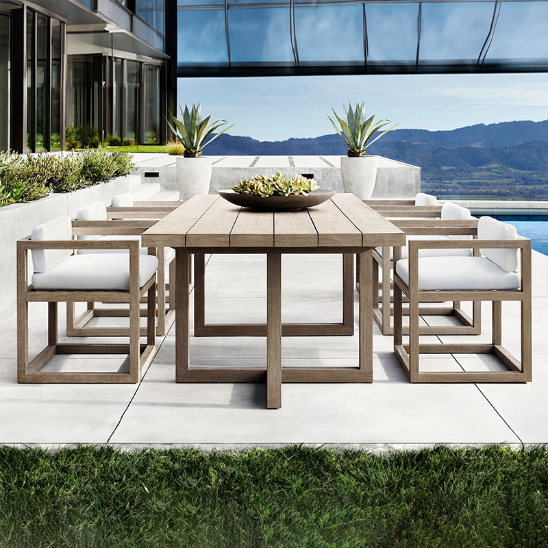 Mesas y sillas de teca para exteriores para patios de villas, mesas largas de madera impermeables para todo tipo de clima, mesas de madera maciza anticorrosivas para jardín exterior.