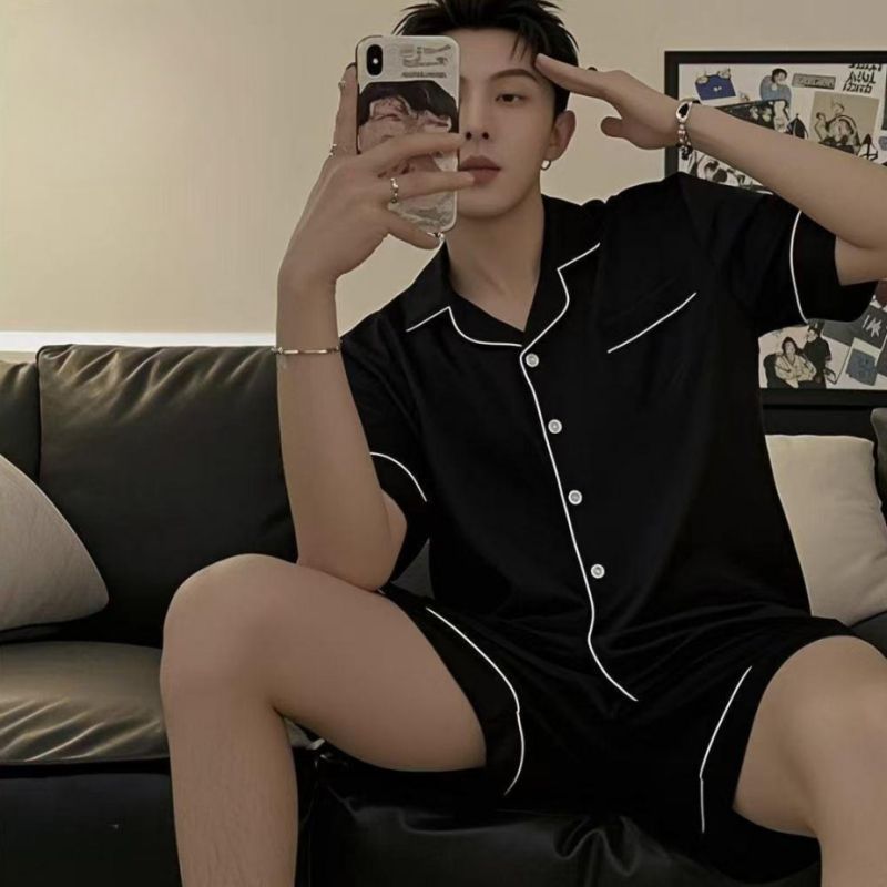 大码100%纯棉纱男士睡衣春秋款长袖简约黑色外穿家居服夏季套装|undefined