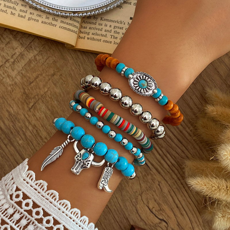 Cross-Border New Product Bohemian Style Feather Cow Head High Heels Retro Floral Multi-Layered Wooden Bead Beaded Five-Piece Bracelet Set Cross-Border New Product Bohemian Style Feather Cow Head High Heels Retro Floral Multi-Layered Wooden Bead Beaded Five-Piece Bracelet Set
