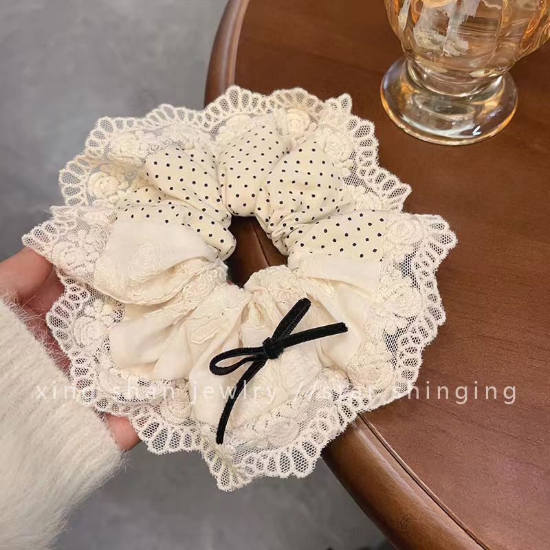 13＃米白波点蕾丝蝴蝶结