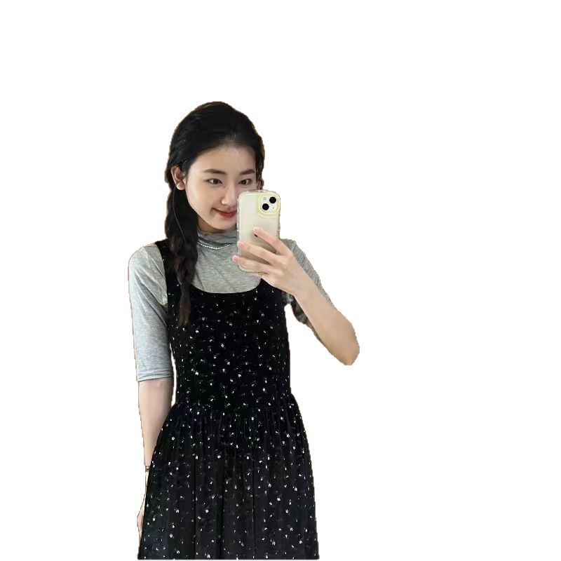 黑色碎花丝绒背带连衣裙女套装宽松显瘦方领气质中长款裙子长裙|undefined