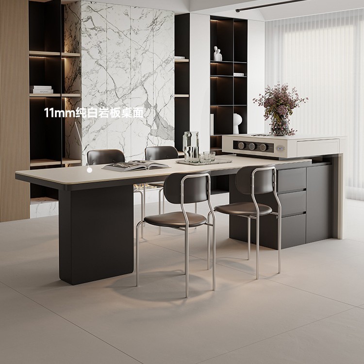 Mesa de mesa de isla retráctil eléctrica inteligente, mesa de comedor y silla de mesa de tablero de roca de plataforma minimalista italiana para el hogar