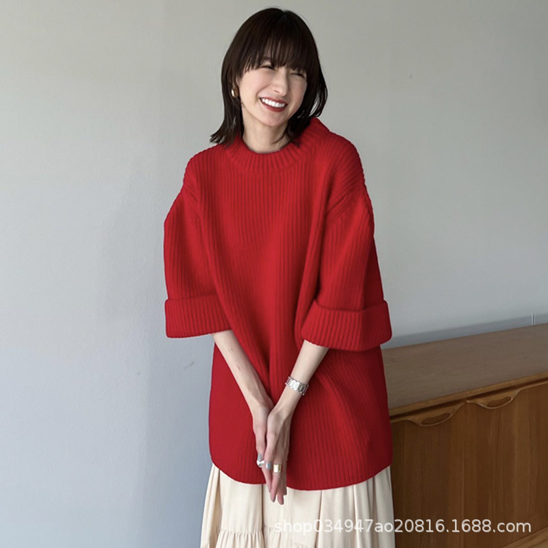 Japanese Niche Designer Solid Color Rib Sweater Autumn Loose Round Neck All-match Short-sleeve Shoulder Wool Sweater for Women