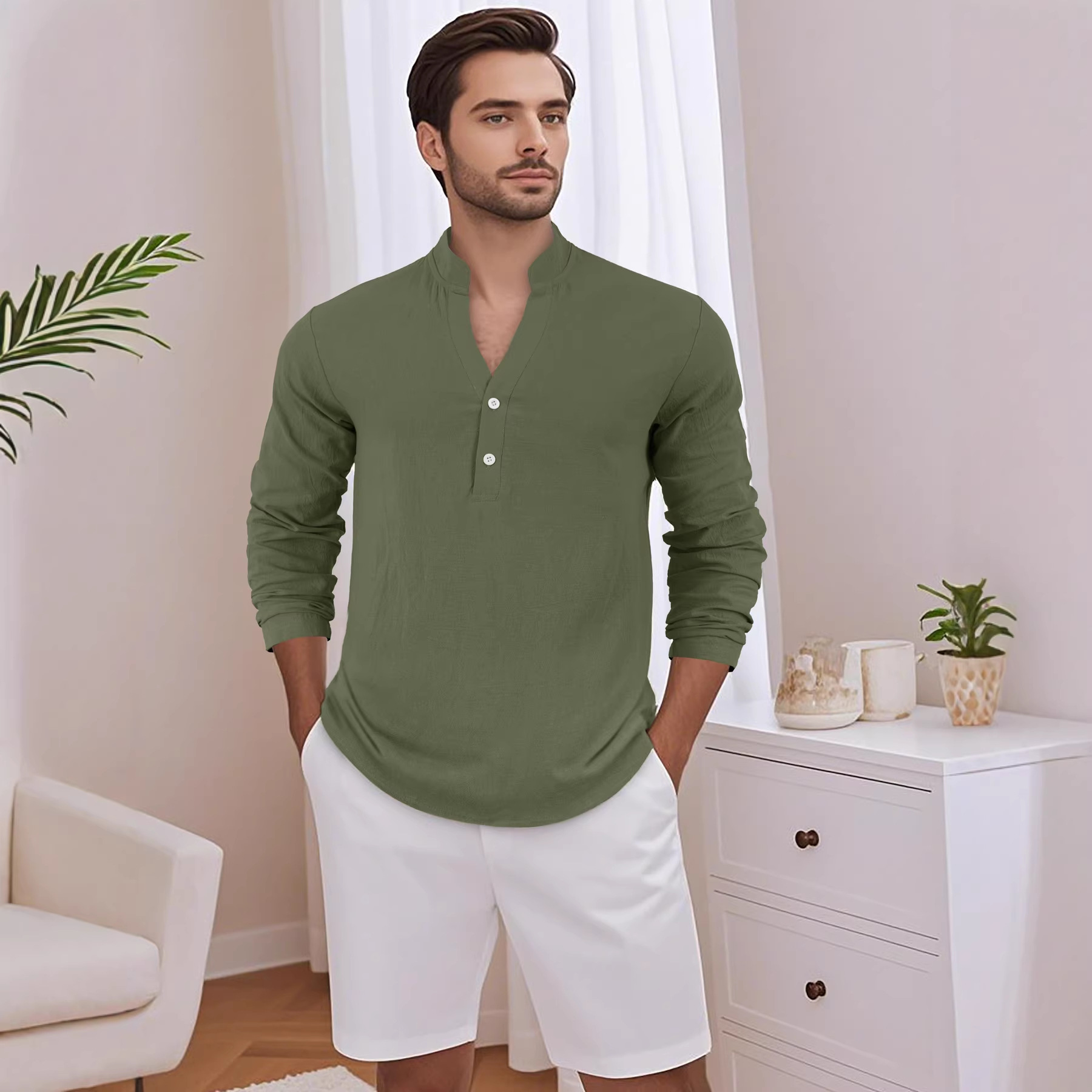 Estación independiente transfronteriza lino americano primavera venta caliente hombre relajado ocio transpirable V-cuello Henry camiseta de manga larga camiseta hombre
