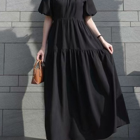 Cross-border foreign trade summer new style gentle waist-cinching slimming round-neck balloon sleeve short-sleeve tea break French-style long dress Cross-border foreign trade summer new style gentle waist-cinching slimming round-neck balloon sleeve short-sleeve tea break French-style long dress