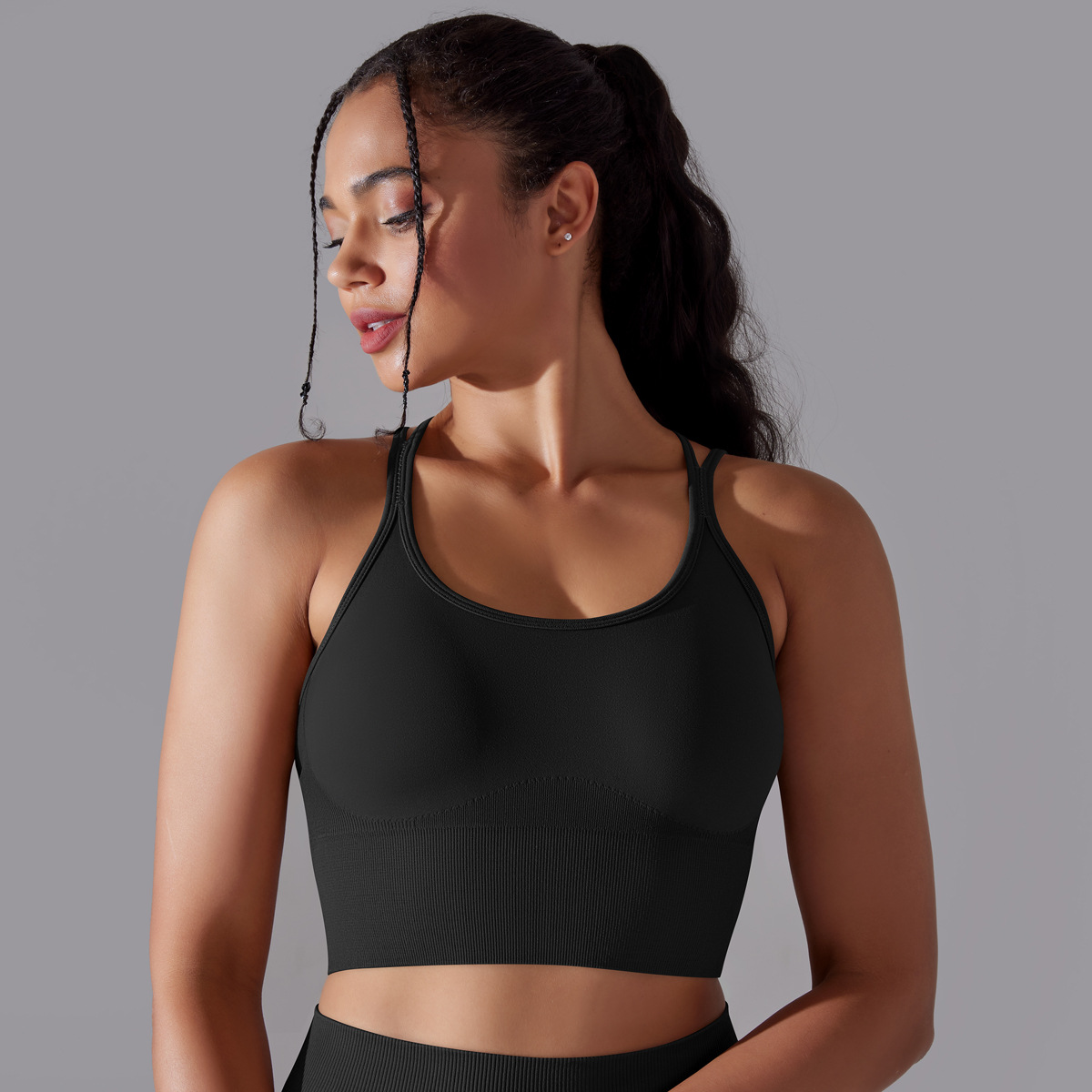 Seamless Solid Color Cross Back Sports Bra Vest Yoga Running Fitness Three-Piece Set_voghion.com