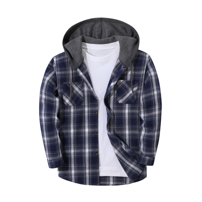Cross-Border Popular Men's Plaid Flannel Hoodie Casual Streetwear European and American Style Plaid Shirt for Men