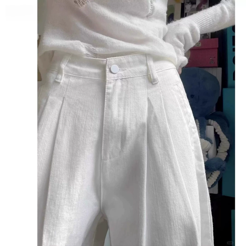 Белые складки широкие ножки с высокой талией джинсы женский 2025 весна новые свободные вертикальные брюки