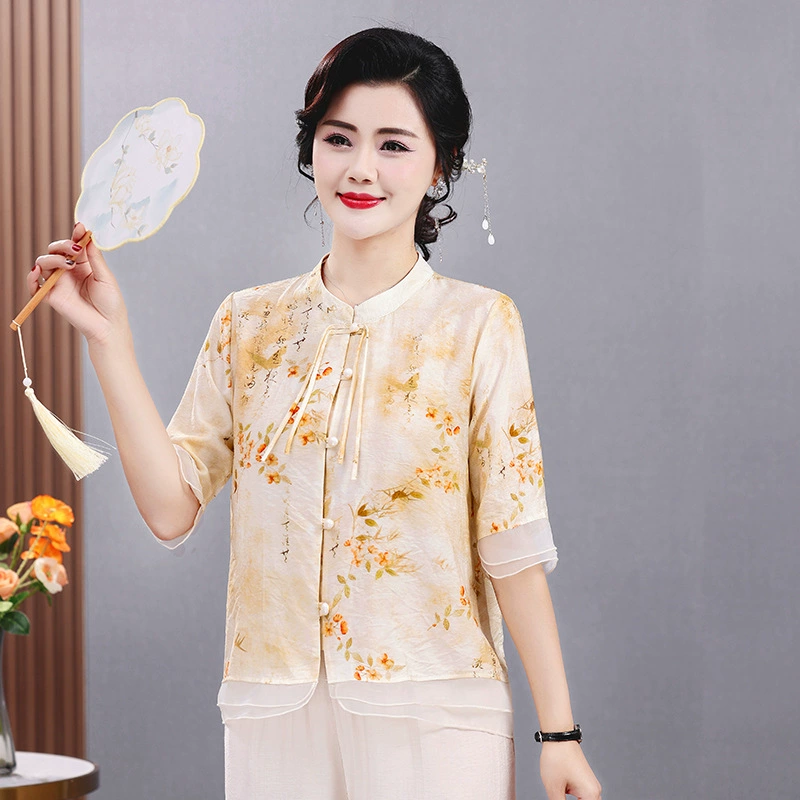 Женская одежда 2025, рубашка весна-осень, новый стиль, свободные топы для женщин среднего и пожилого возраста, модные рубашки с принтом для пожилых