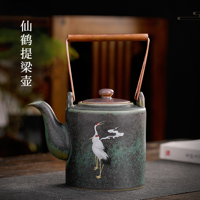 Kiln-turned Crane Chengxiang Crane Pot Ceramic Vintage Tea Set Single Pot Simple Teapot Stoneware Copper Handle Teapot Kiln-turned Crane Chengxiang Crane Pot Ceramic Vintage Tea Set Single Pot Simple Teapot Stoneware Copper Handle Teapot