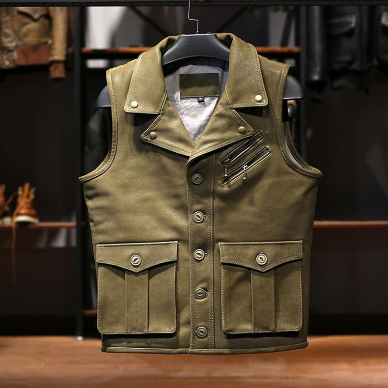 Description Picture 2 of item2024 New Spring Autumn Men's Casual Hunting Genuine Leather Sleeveless Coats Male Lapel Multi-pocket Thick Cowhide Vests