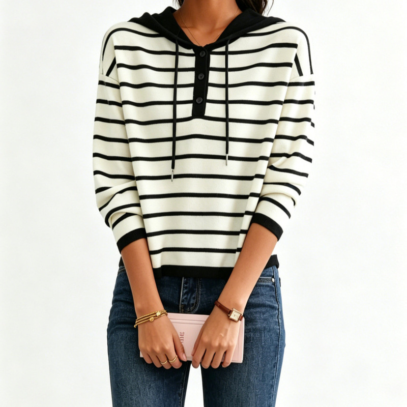 Striped Hooded Knit Sweater Women's Jacket 2026 New Autumn and Winter High-End Style Petite Base Layer Top for Women Striped Hooded Knit Sweater Women's Jacket 2026 New Autumn and Winter High-End Style Petite Base Layer Top for Women