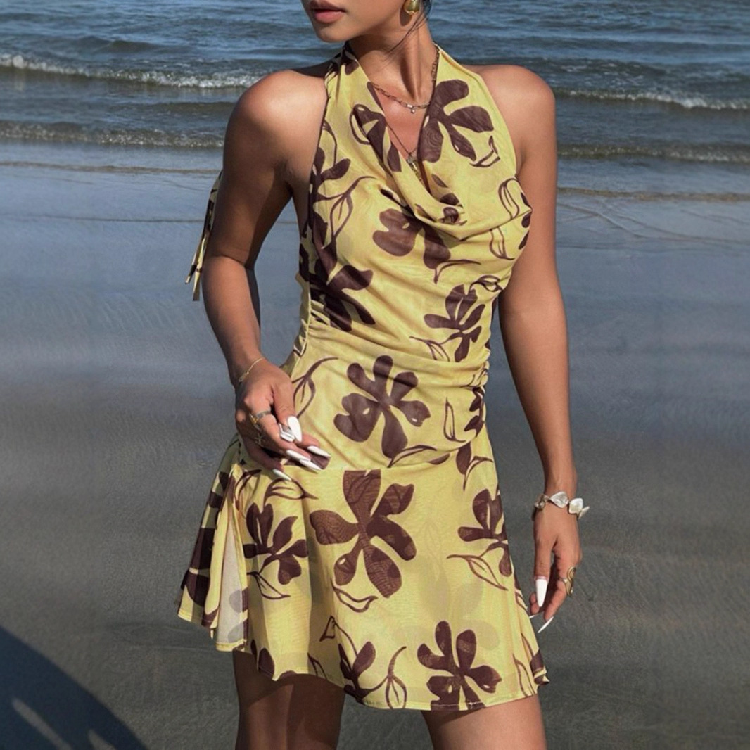 Vacation Style Sexy Halterneck Swing Collar Printed Chiffon Suspender Skirt Sleeveless Dress Sexy Backless Cocktail Party Evening Dress