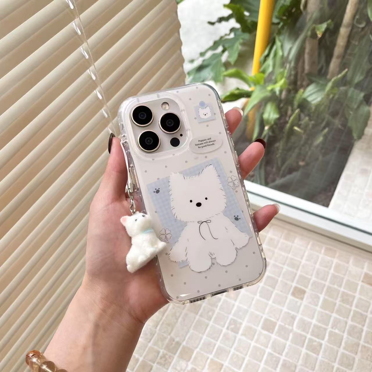 Pins coreanos a cuadros lindo West Highland para Apple 16/15ProMax funda para teléfono móvil iPhone 14 cadena 13