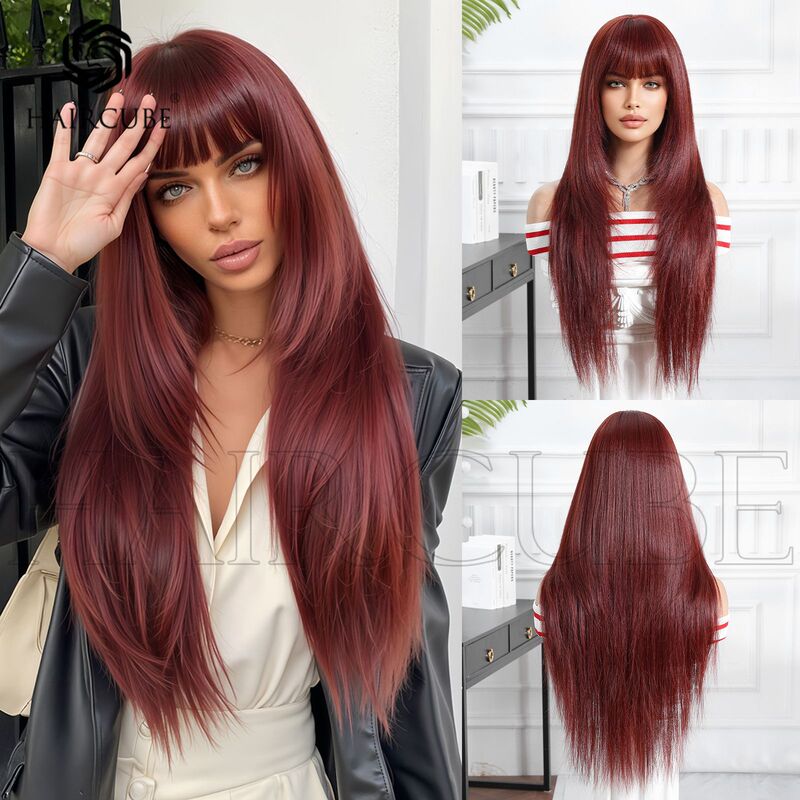 Cross-border wig with neat bangs wine red long straight hair yiwu factory full head cover long hair chemical fiber cross-border hot new products Cross-border wig with neat bangs wine red long straight hair yiwu factory full head cover long hair chemical fiber cross-border hot new products