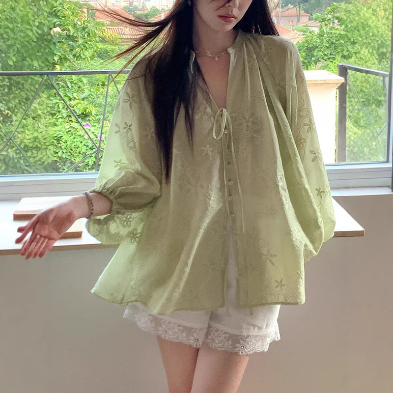 Summer Lyocell Heavy Embroidery Lantern Sleeve Shirt with Tie Design, Round Neck Long Sleeve Women's Summer Top