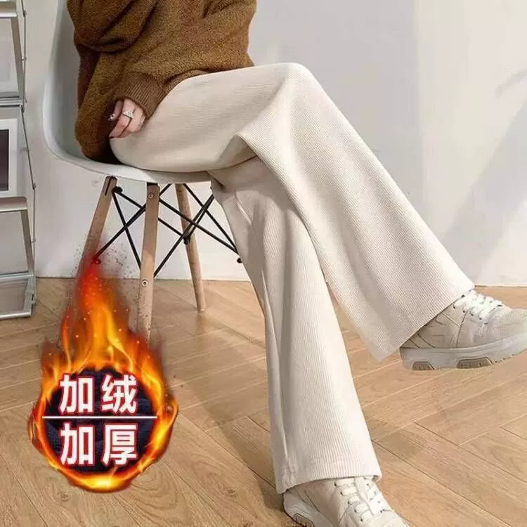 Зимние утепленные брюки из флиса и синели с высокой талией и широкими штанинами для женщин, свободные прямые брюки, оптом.