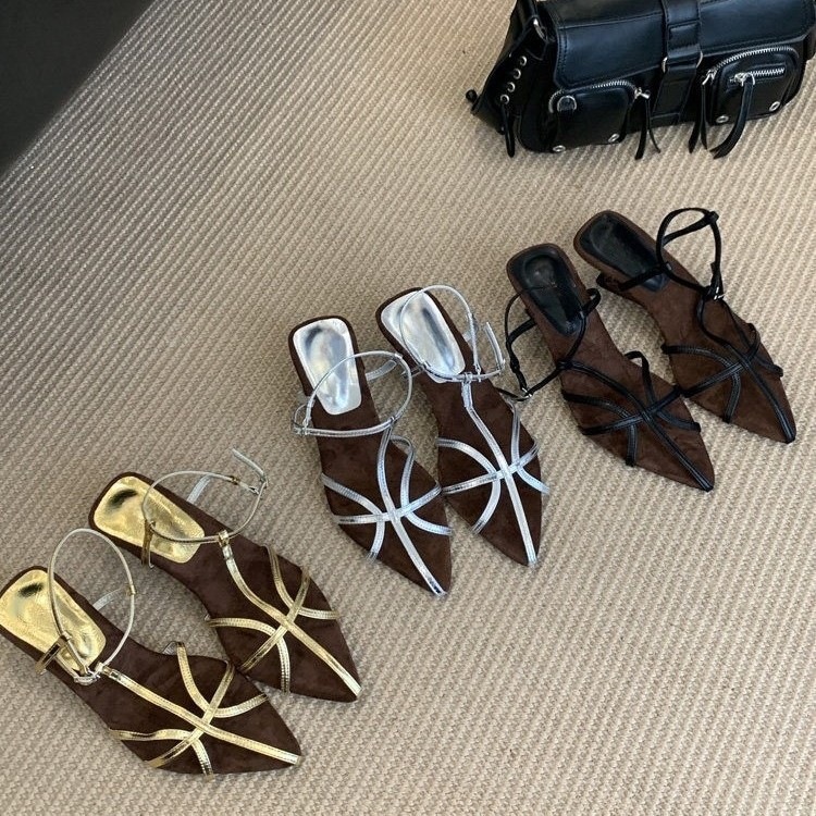 Sandalias de cuña puntiagudas para mujer de superfibra con tacón medio para verano