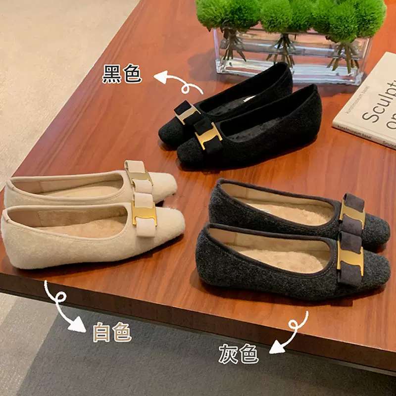 葡萄妈秋冬新款经典蝴蝶结金属扣内增高方头绒里毛呢单鞋女
