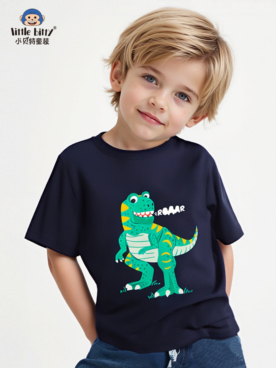 2025 Summer Boys New Cartoon Dinosaur Print Black T-Shirt Sports European and American Trendyy Casual Short Sleeves