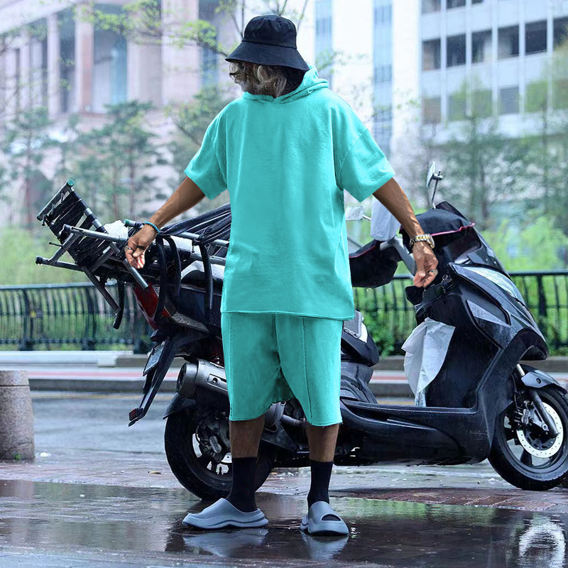 2024 Men's Short Sleeve Shorts Oversize Fur Loose Sports Casual Hooded Set_mkmklike.com