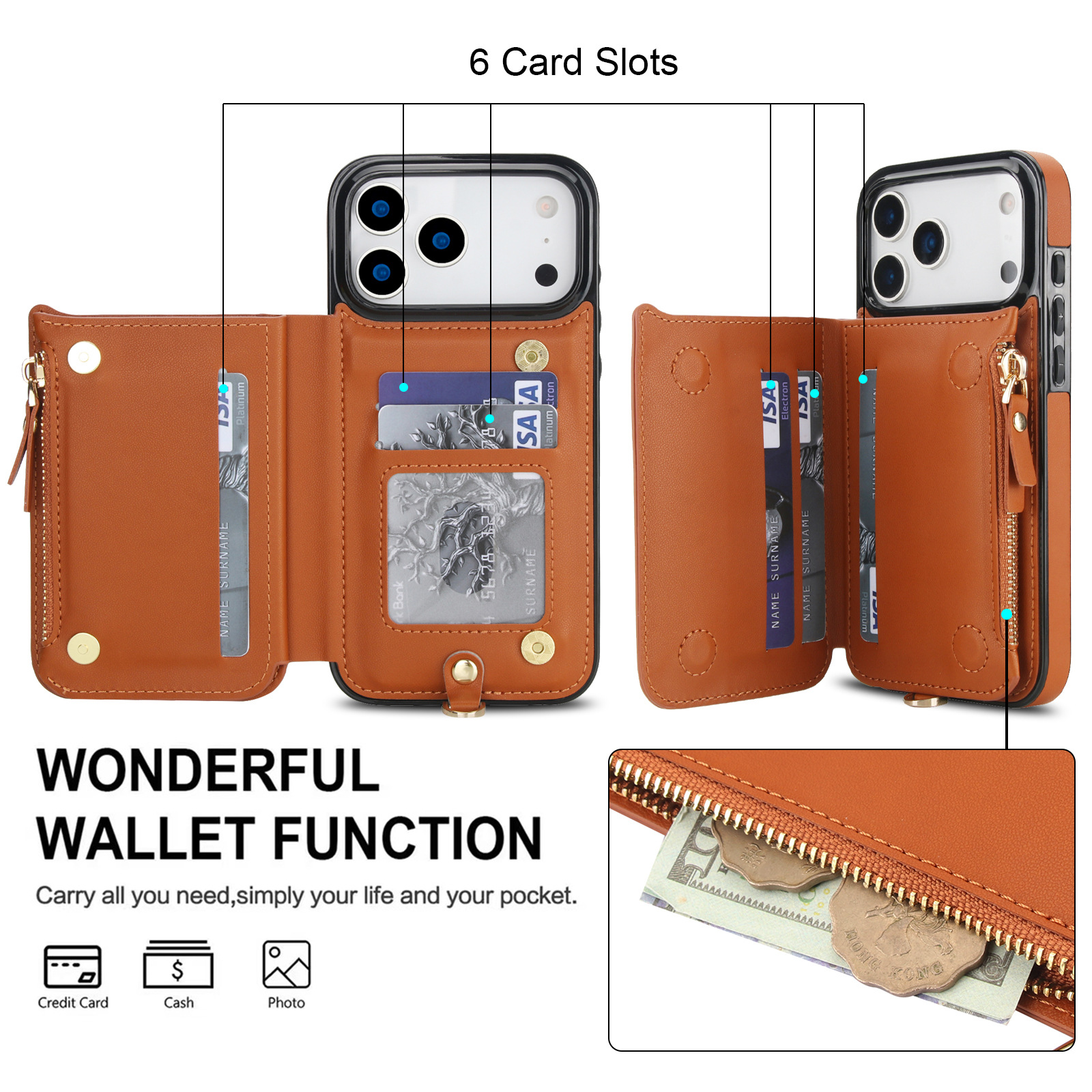 Aplicable a Apple iPhone17 doble tapa de cremallera doble fijación caso de teléfono móvil se puede desprender mano de la parte posterior inclinada soporte de tarjeta cubierta de cuero image 5