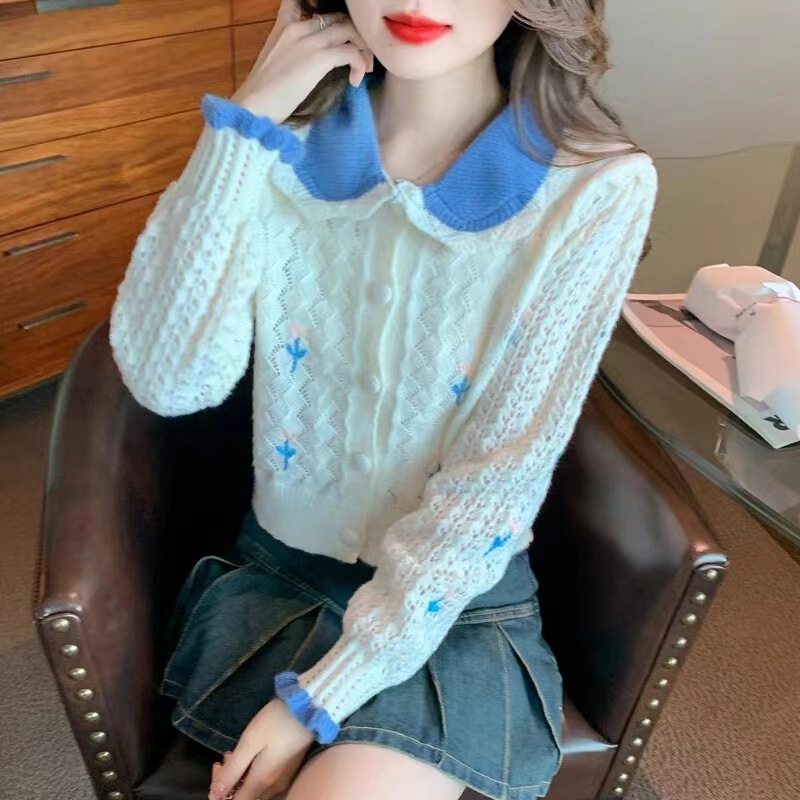 Doll Collar Knitted Cardigan for Women, Spring, Autumn, and Winter 2026 New Popular Sweater Coat, Age-Reducing Short Long-Sleeve Top Doll Collar Knitted Cardigan for Women, Spring, Autumn, and Winter 2026 New Popular Sweater Coat, Age-Reducing Short Long-Sleeve Top