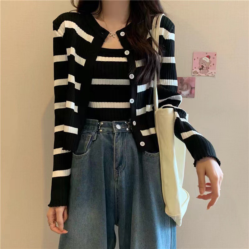 81g Weight Long Sleeve Sleeve Length Single Breasted Placket Type Ice Silk, Polyester Fabric Type Short Top Length Knitwear Tops Type Daily Occasion Round Neck Neckline Slim Fit Type Stripe Pattern Spring, Autumn Season Women's Gender Casual Style Wholesale Women's Ice Silk Polyester Casual Stripe Long Sleeve Sweaters & Cardigans 10