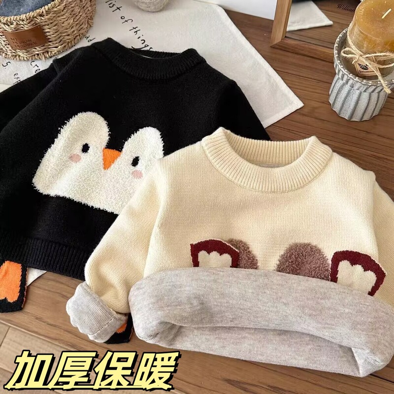 Children's Sweater 2025 New Autumn and Winter Baby Cute Penguin Thickened Sweater Boys and Girls Warm Top Trendy