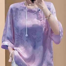 中式扣百搭唐装衫国风衬衣斜夏款国风盘打底国风紫色圆领女上衣襟