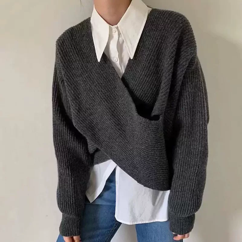 Autumn design knitted sweater, cross design, oversize