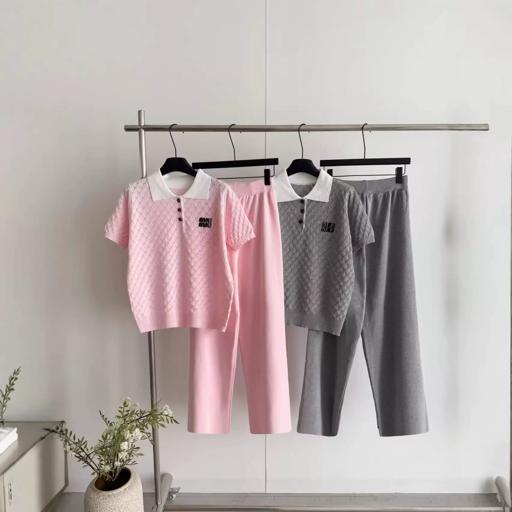 跨境撞色POLO领菱格针织短袖字母刺绣修身显瘦短款上衣阔腿裤两件