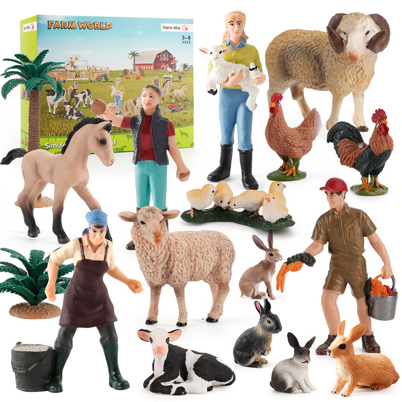 Simulación modelo de ganadería de aves de corral y animales estático sólido pastor de ovejas, caballos y cerdos combinación de trabajo conjunto de casa de perro y conejo