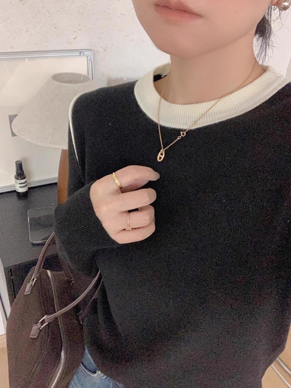 秋冬撞色圆领针织上衣女修身设计感内搭毛衣时髦百搭打底小衫|undefined